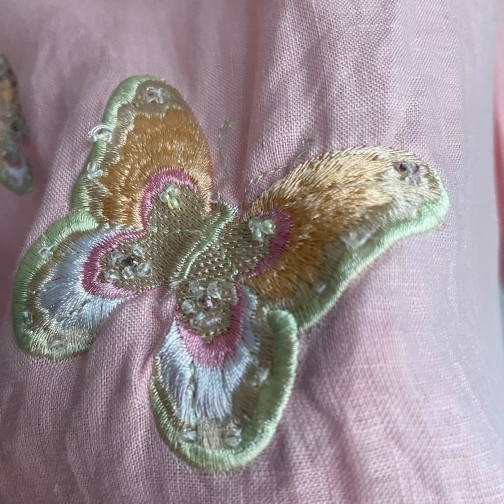 Alexandra Bartlett Linen Tunic Top Pink Embroidered Butterfly Resort Boho L - Picture 6 of 9